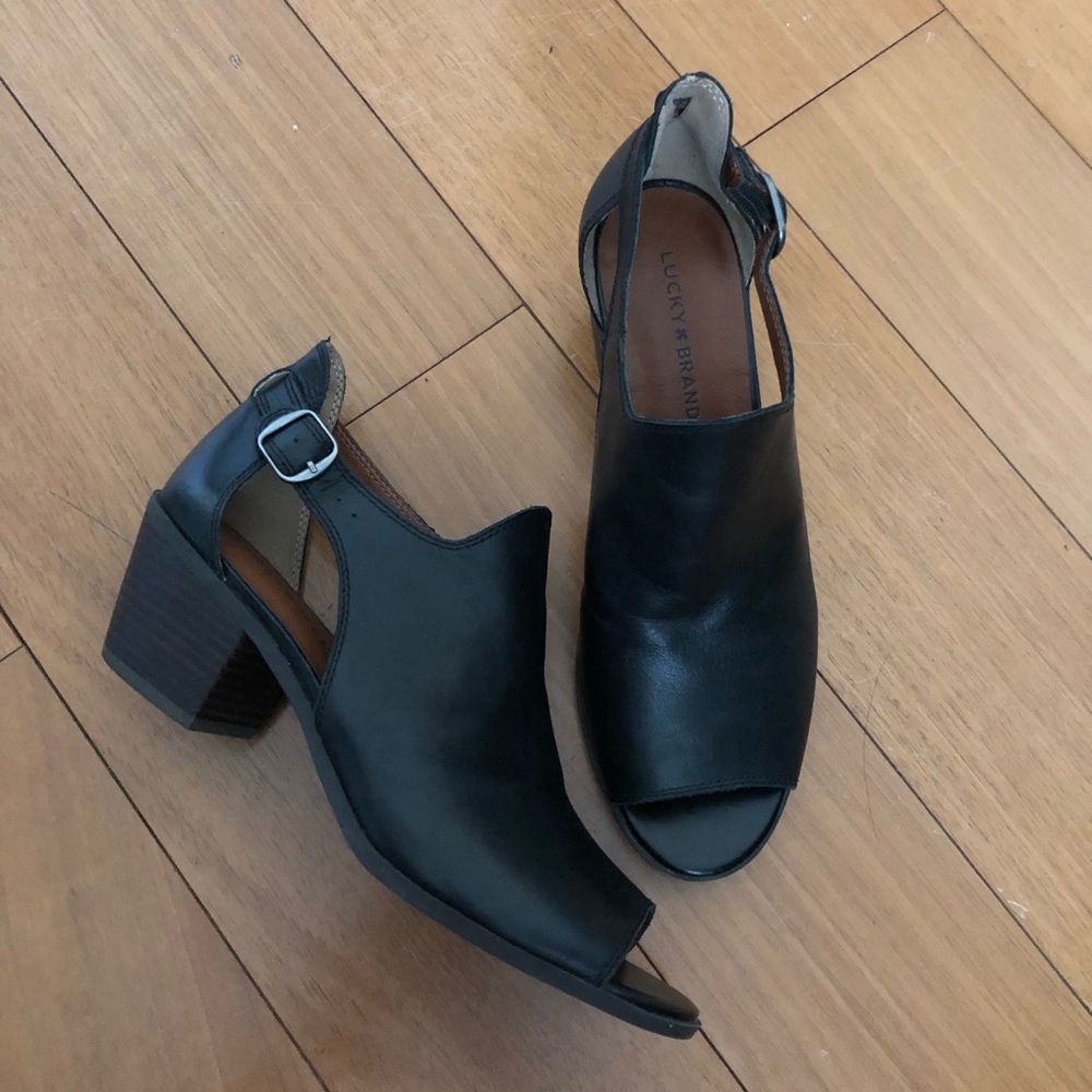 Lucky Brand Black Open Toe Leather Boots Size 10